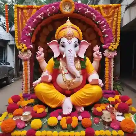 Traditional Ganesh Chaturthi decoration with vibrant flowers and garlands | Traditional Ganesh Chaturthi Floral Setup | Festival Decoration | Decorations Guru